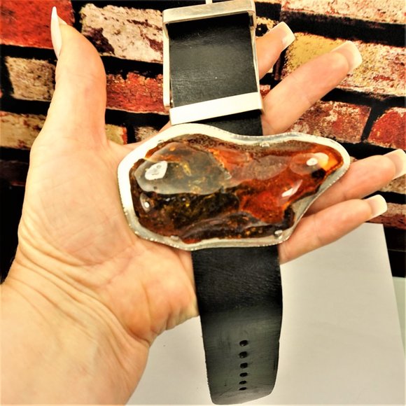 SUPER HUGE AMBER STERLING LEATHER RARE UNISEX BRACELET 9 BY AMBERMODA - Picture 3 of 16